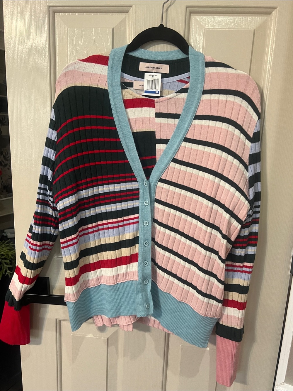 A.L.C. Striped Ribbed Button-Front Cardigan in Pink, Light Blue & Multi